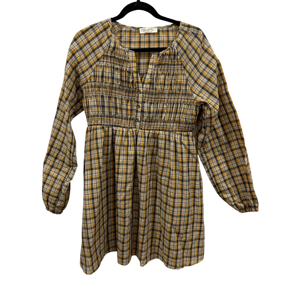 Doe and Rae Yellow Plaid Smocked Empire Waist Mini Dress Small Long Sleeve